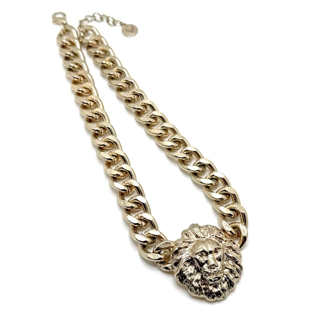 MELODY EHSANI Lion Head Necklace Heavy Curb Chain Pale Gold Tone 19" - 21"